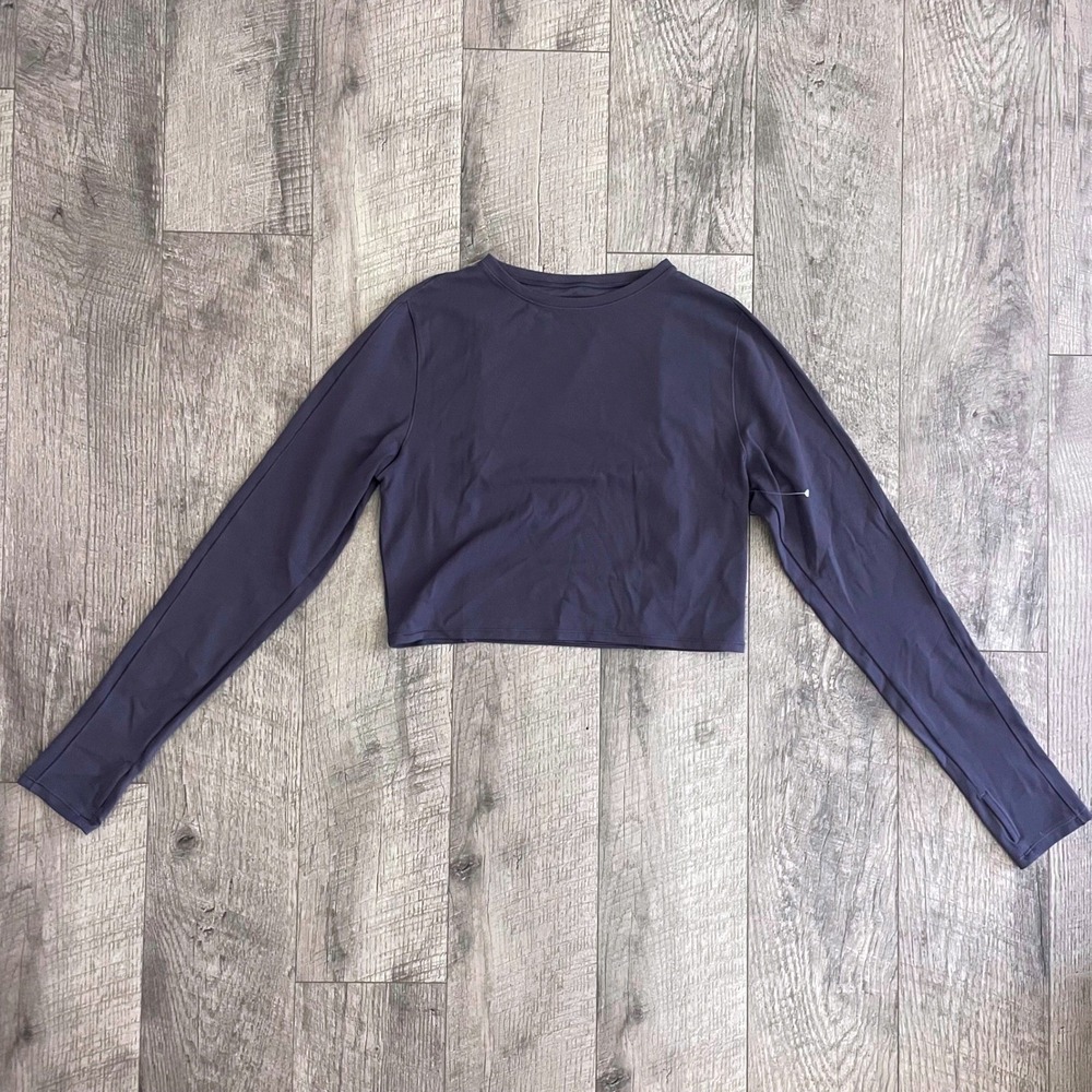 Athleta Simone Biles Purple Open Back Long Sleeve Crop Top Thumbholes Large